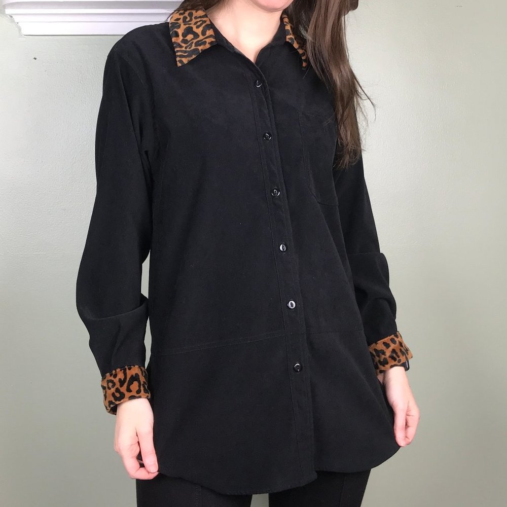 Vintage Animal Print Black & Leopard Long Sleeve Top Size Large